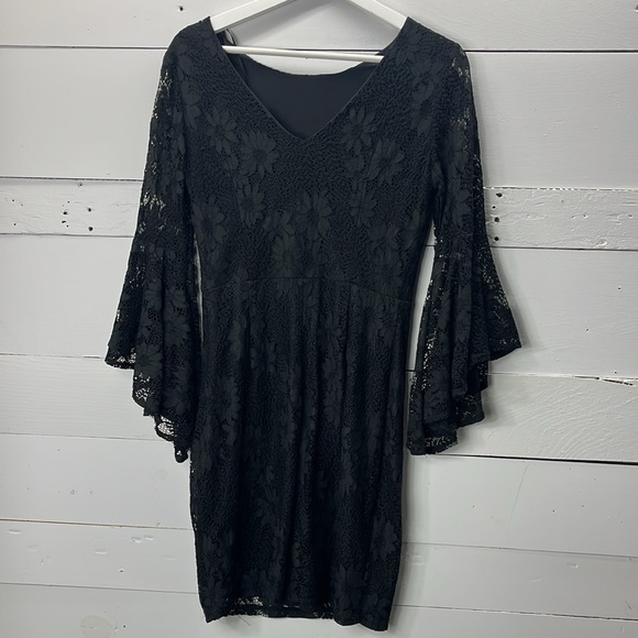 Lulus Allure Em In Black Lace Flounce Sleeve Dress Size Medium - Picture 7 of 7